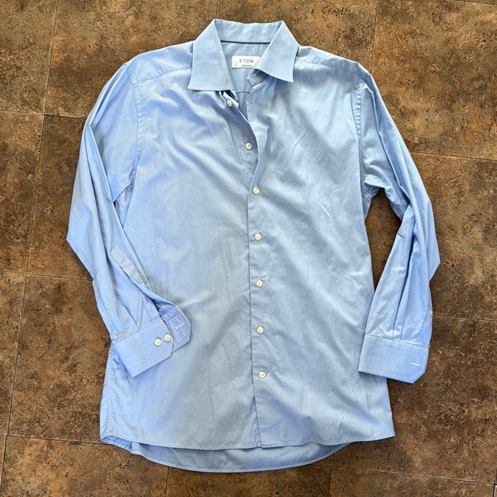 Eton Contemporary Light Blue Collared Button Down Skirt 42 16.5